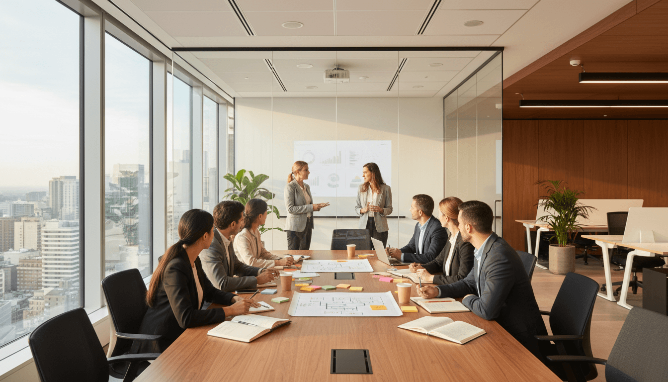Leadership team collaborating during a strategic consulting session