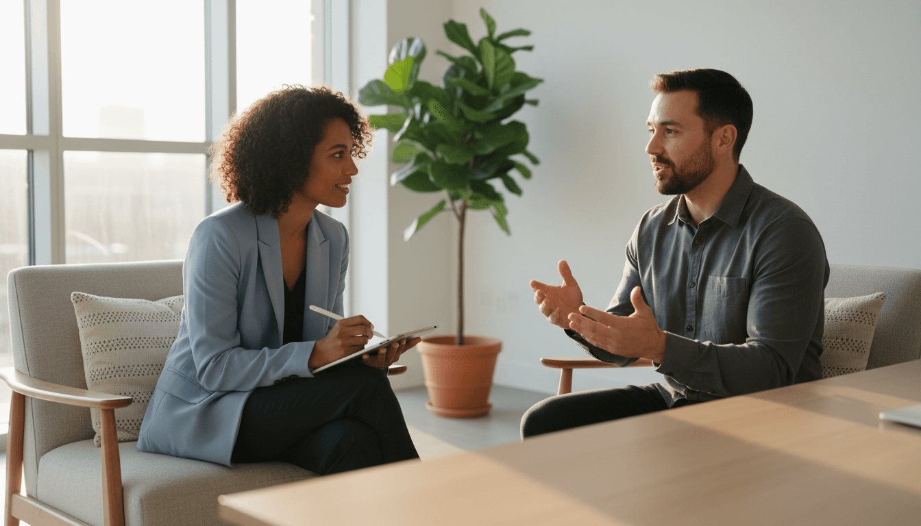 Executive leadership coaching conversation in professional setting